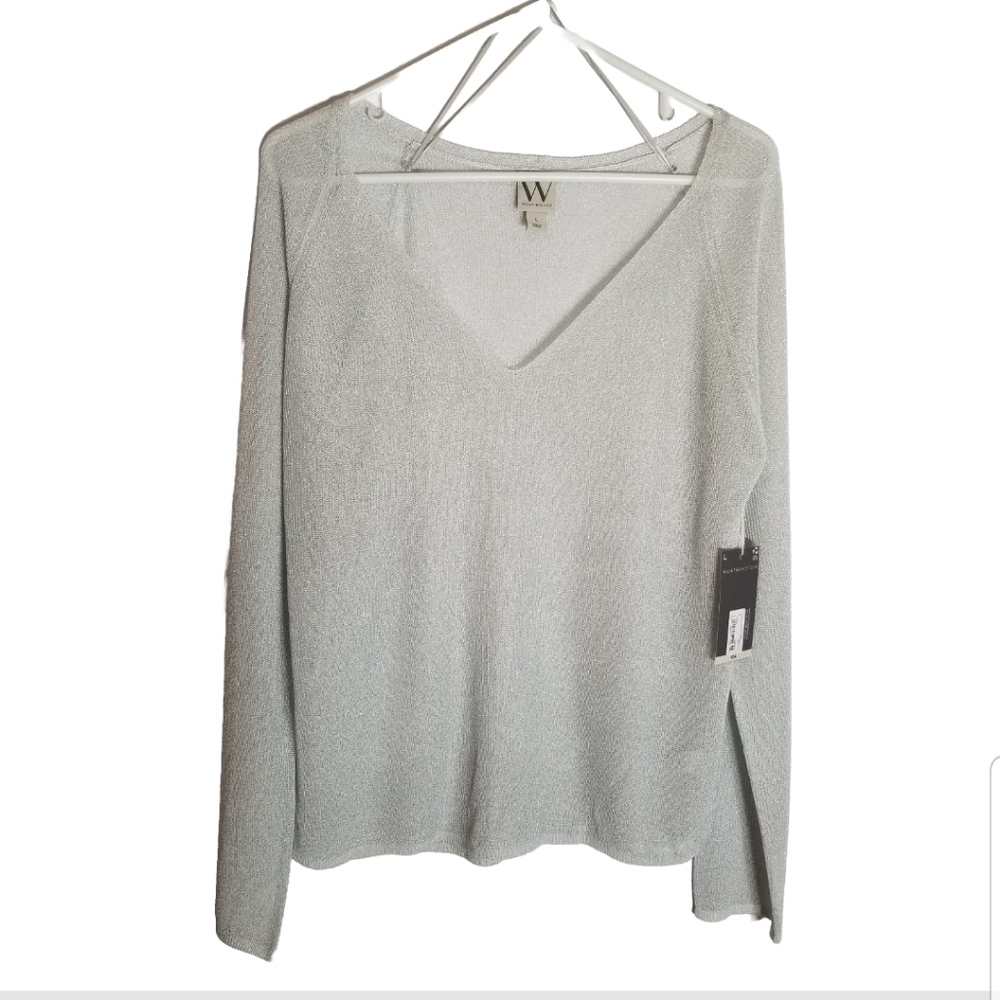 Worthington Sweater Women’s Large Sparkly Silver Knit V Neck New With Tags